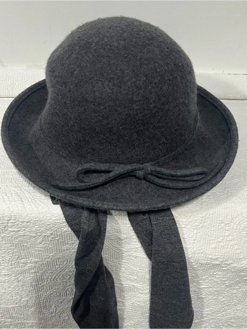 Women's Charcoal Gray Wool Bowler Scarf Hat with Ties
